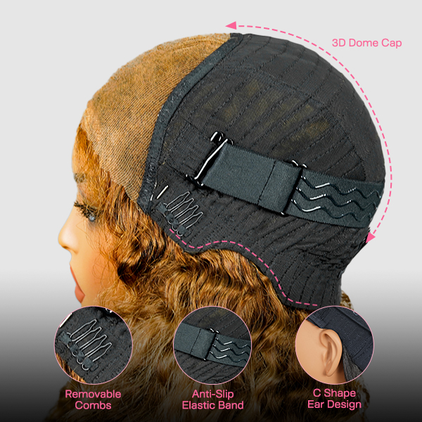 OhMyPretty Wear Go Glueless Highlight Brown Deep Wave 7x5 Lace Wig With Pre-plucked Hairline Secure 3D Dome Cap