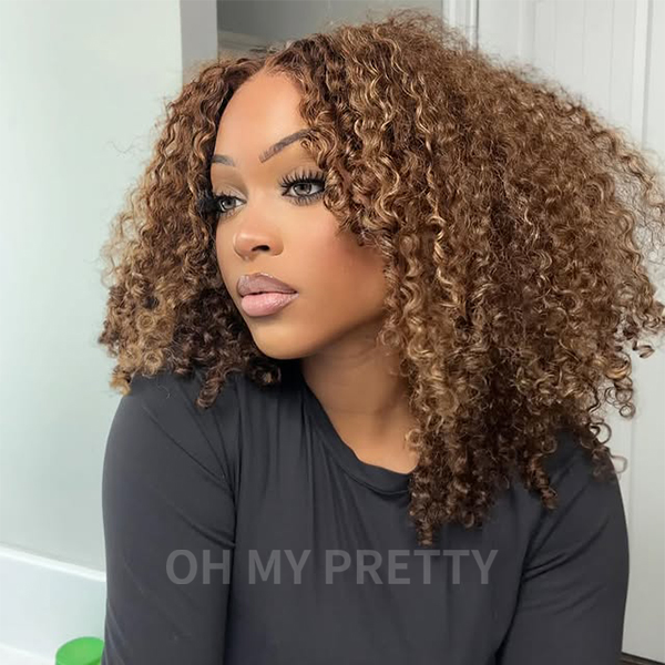 Highlight Brown Kinky Curly 13x4 Lace Frontal Wig 180% Density With Pre-plucked Edges Flash Sale