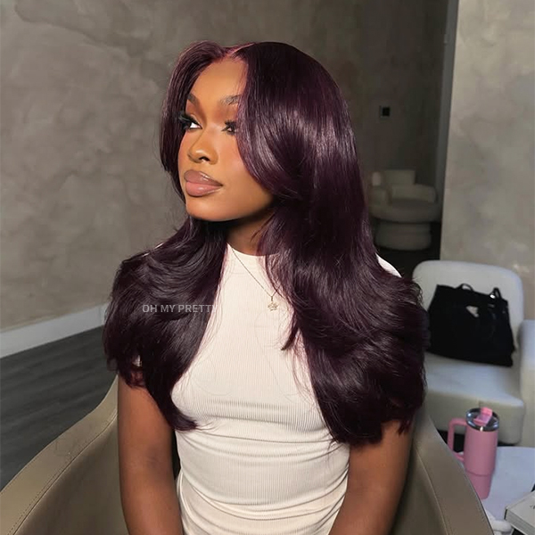 Blackcurrant Brunette 7x5 Lace Wear Go Glueless Layered Straight Human Hair Wig Dark Burgundy