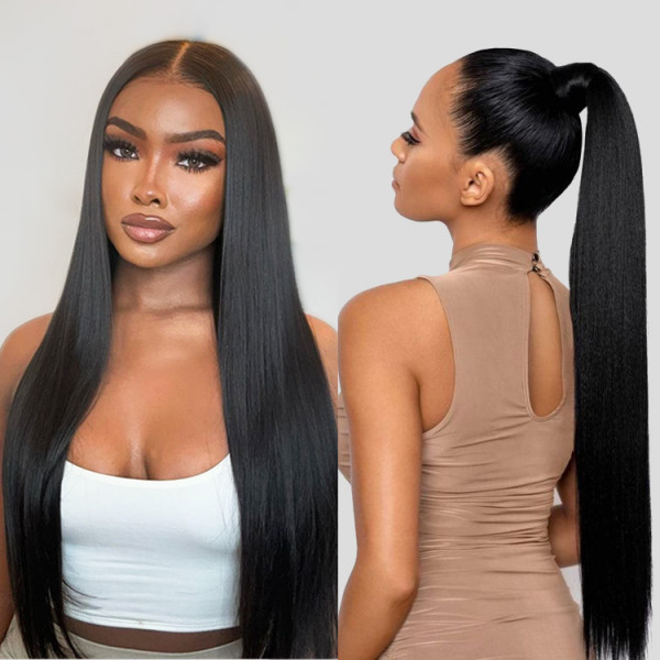 OMpretty 360 Straight Invisi Drawstring Wear Go Glueless Pre-Bleached And Pre-Cut Lace Human Hair Wig