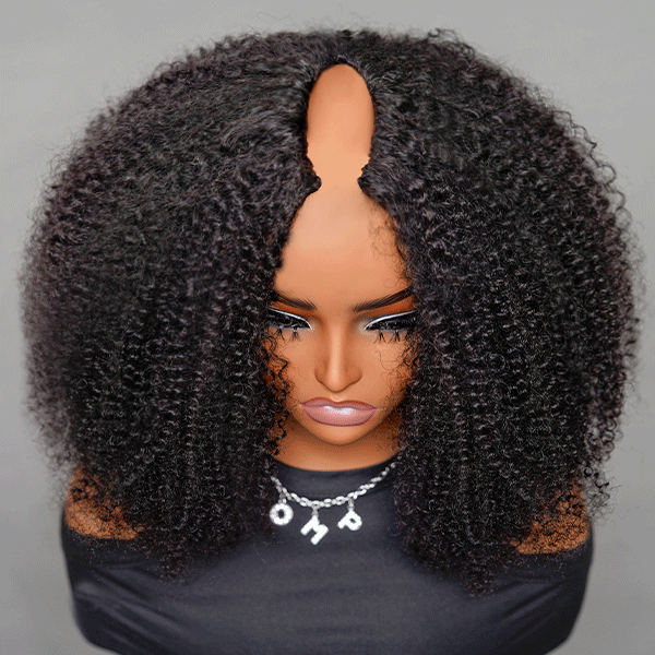 OhMyPretty V Part Afro Curly Wig Thin Part Human Hair Glueless Wig Beginner Friendly No Lace Protective Style
