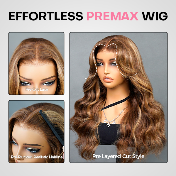 Honey Blonde Highlight Layered Cut Body Wave Wear Go Glueless 7x5 Closure Lace Human Hair Wig Pre-Cut Lace