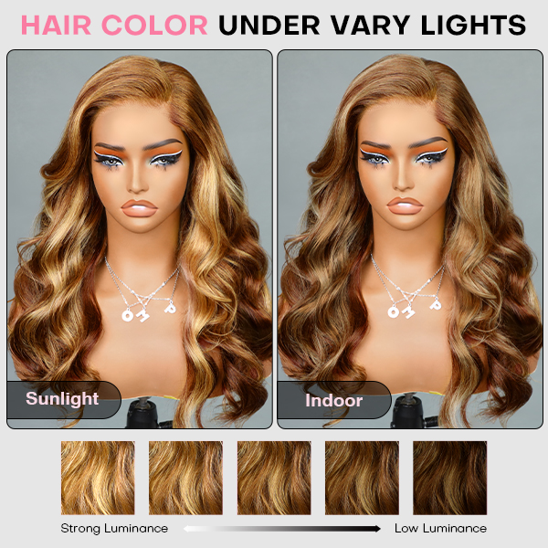 OhMyPretty Wear Go Glueless Highlight Brown Body Wave 6x4 Lace Wig With Pre-plucked Hairline Tiny Knots Pre-Cut Zig Zag Lace