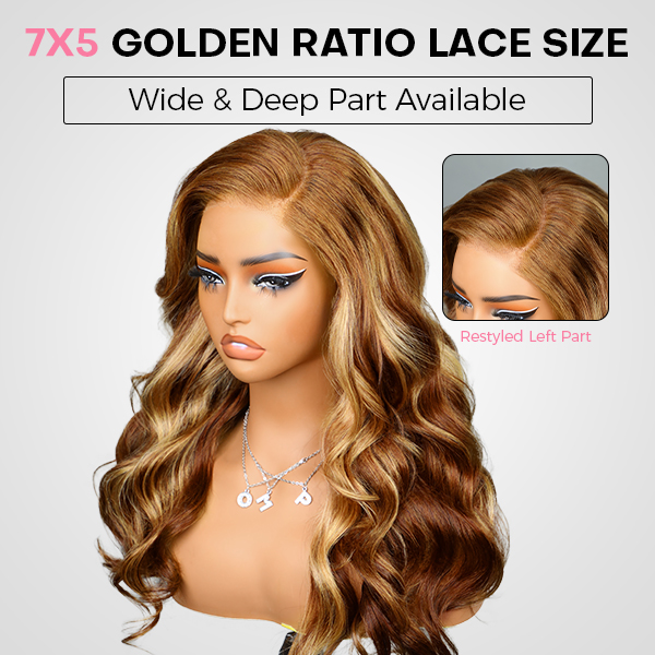 OhMyPretty Wear Go Glueless Highlight Brown Body Wave 6x4 Lace Wig With Pre-plucked Hairline Tiny Knots Pre-Cut Zig Zag Lace