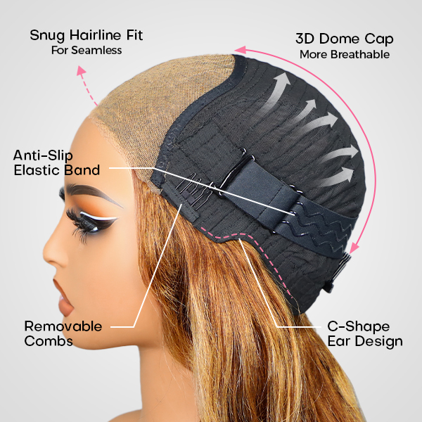 OhMyPretty Wear Go Glueless Highlight Brown Body Wave 7x5 Lace Wig With Pre-plucked Hairline Tiny Knots Pre-Cut Zig Zag Lace