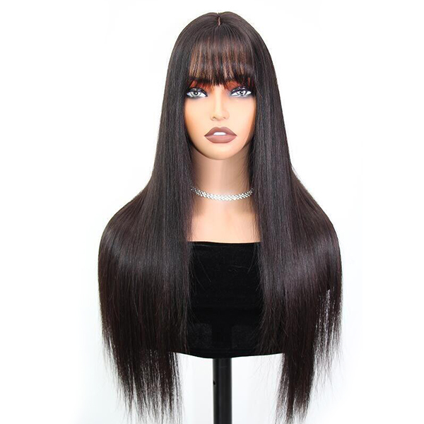 OhMyPretty Glueless Machine Made Realistic Scalp Soft Silky Straight Hair Wig with Bangs 100% Human Hair Wigs