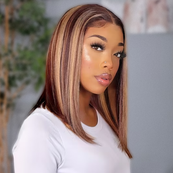OhMyPretty Wear Go Highlight Brown Glueless Bob 6x4 Lace Straight Wig Human Hair Pre plucked & Pre Cut