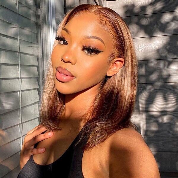OhMyPretty Wear Go Highlight Brown Glueless Bob 6x4 Lace Straight Wig Human Hair Pre plucked & Pre Cut