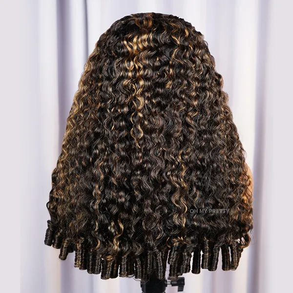 OhMyPretty 1B/30 Highlight Burmese Curly Wear Go Half Wig Flip Over Wig Invisible Hairline Draw-strings For Beginner