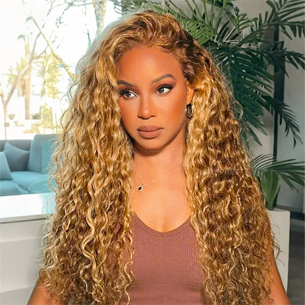 Side Part Honey Blonde Light Highlight Wear Go Glueless Water Wave Wig 7x5 Pre-cut Pre-plucked Bleached Knots Wig