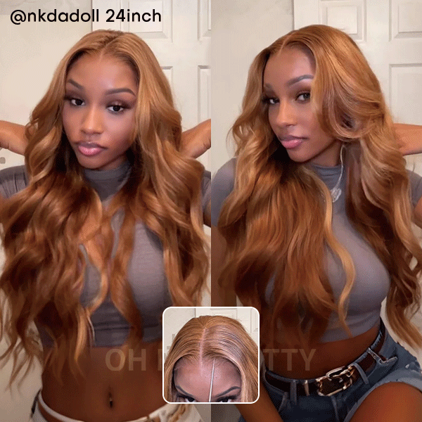 Honey Blonde Highlight Layered Cut Body Wave Wear Go Glueless 7x5 Closure Lace Human Hair Wig Pre-Cut Lace