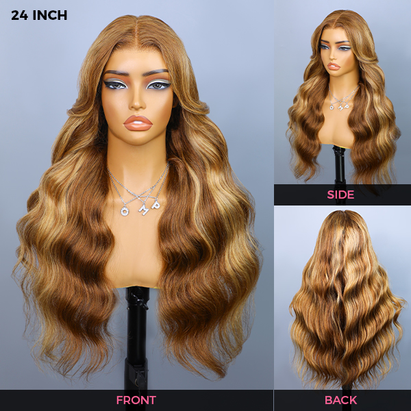 OhMyPretty Wear Go Glueless Highlight Brown Body Wave 6x4 Lace Wig With Pre-plucked Hairline Tiny Knots Pre-Cut Zig Zag Lace