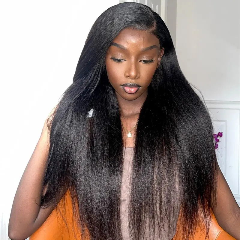 Luxury Wear Go 13x6 Kinky Straight Layered Cut Glueless Wig Lace Front Wig With Invisi Draw-string 250% Density