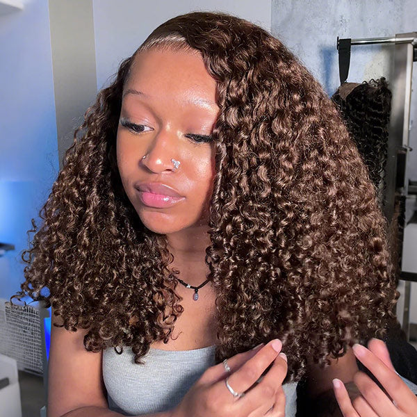 9x6 Burmese Curly Chocolate Brown Color Glueless Wig Pre Cut Lace Wear Go Wig With Elastic Drawstring