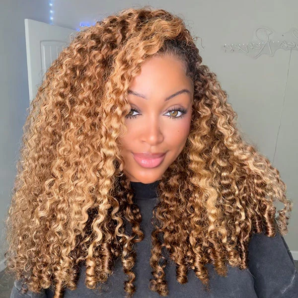 OhMyPretty Burmese Curly Highlight 4/27 Color  Wear Go Half Wig Flip Over Wig Invisible Hairline Draw-strings For Beginner