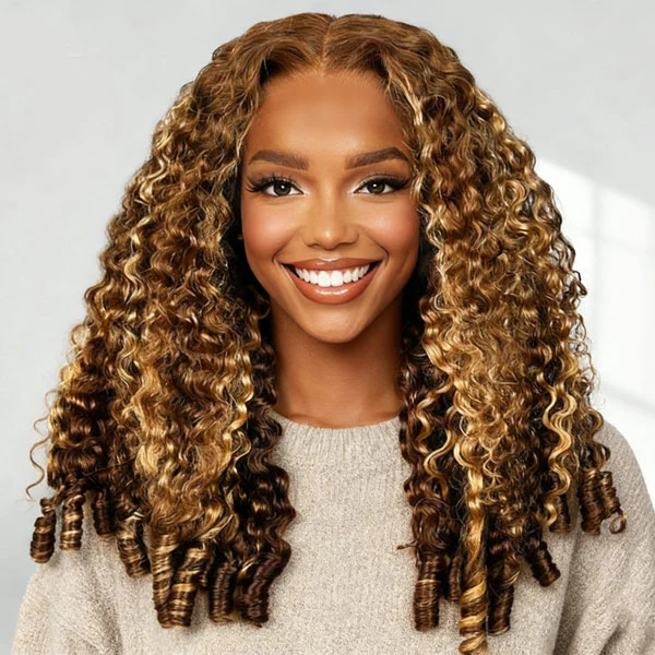 9x6 Burmese Curly Highlight Brown 4/27 Color M-cap Wear Go Glueless Wig Elastic Drawstring