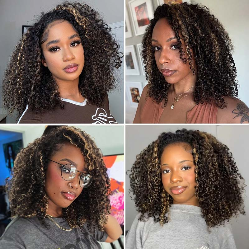 OhMyPretty Highlight Brown Wear Go Half Wig 3 IN 1 Kinky Curly Flip Over Wig Invisible Hairline Draw-strings For Beginner