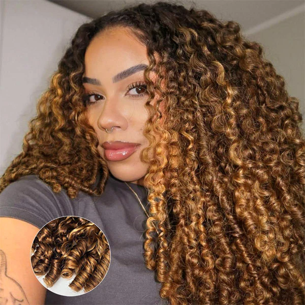 OhMyPretty Burmese Curly Highlight 4/27 Color  Wear Go Half Wig Flip Over Wig Invisible Hairline Draw-strings For Beginner