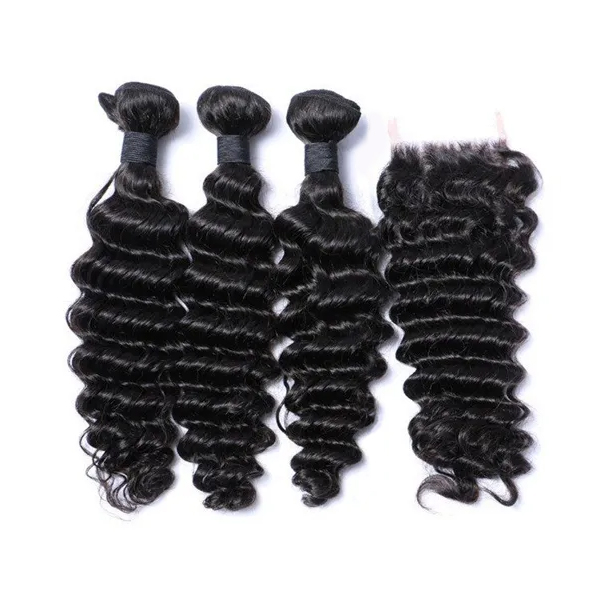 Deep Wave Hair 4*4 Lace Closure with 3 Bundles