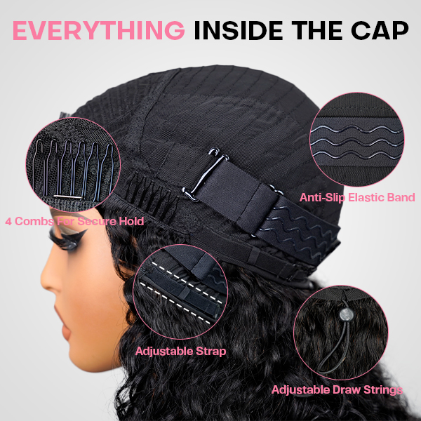 loose deep wave glueless half wig cap