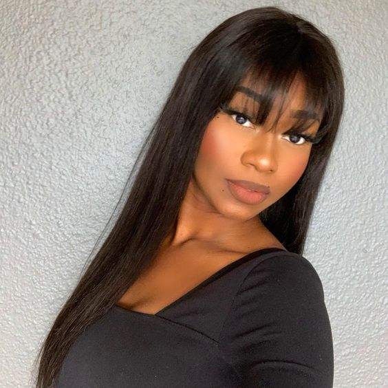 OhMyPretty Glueless Machine Made Realistic Scalp Soft Silky Straight Hair Wig with Bangs 100% Human Hair Wigs