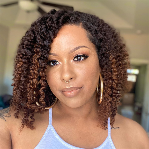 Ombre Brownish-red Colored Kinky Curly Human Hair Lace Front Wig