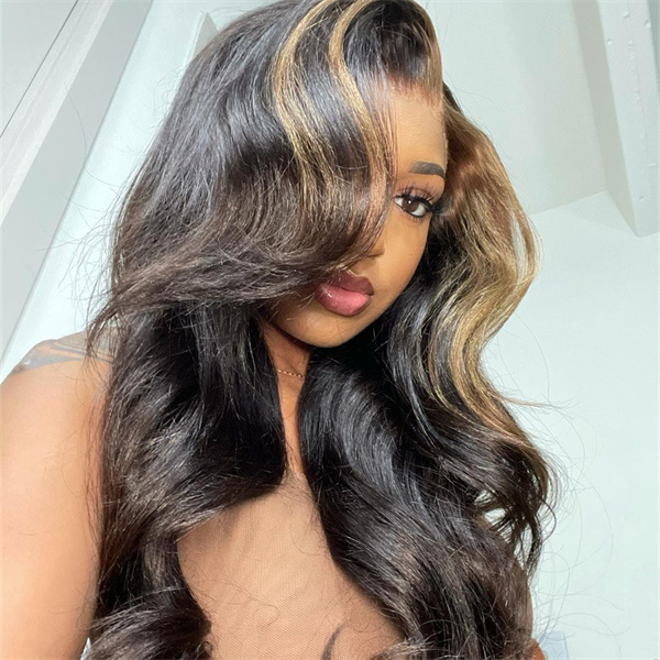 Honey Blonde Skunk Stripe Straight Lace Front Wig With Pre-plucked Edges