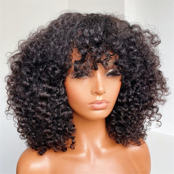 Short Kinky Curly Bob Wig With Wispy Bangs