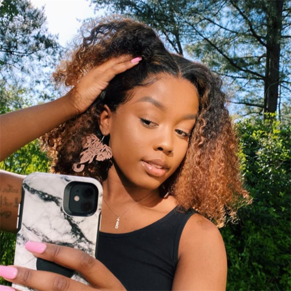 Ombre Brownish-red Colored Kinky Curly Human Hair Lace Front Wig