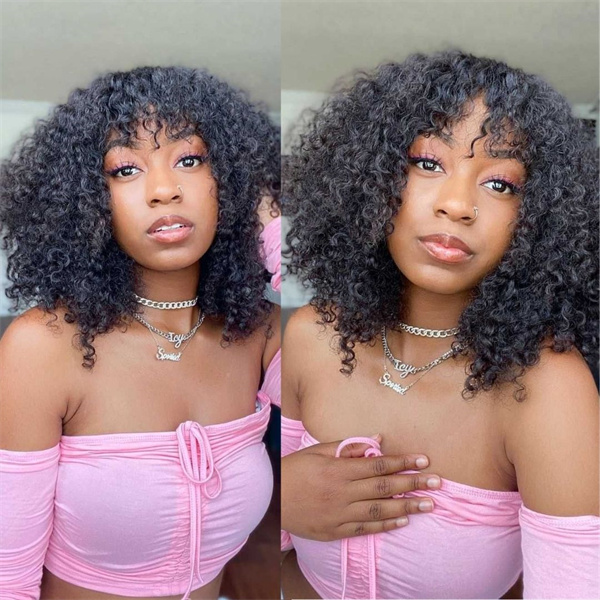 Short Kinky Curly Bob Wig With Wispy Bangs