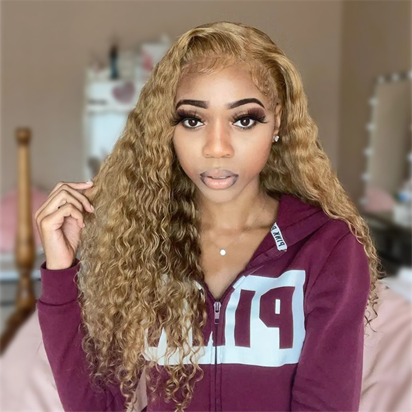 Honey Blonde Water Wave Lace Frontal Wig Pre Plucked