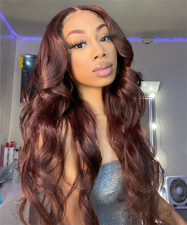 Dark Auburn Colored Wig Body Wave Lace  Wig with Pre-plucked Edges