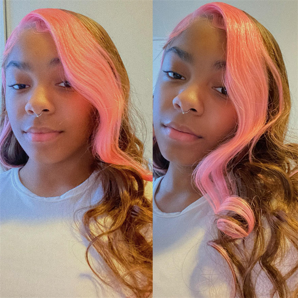Chocolate Brown With Pink Skunk Stripe Colored Straight Lace Frontal Wig