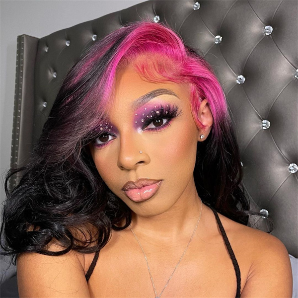 Fabulous Pink Roots Black Hair Colored Wig Straight Lace Front  Wig