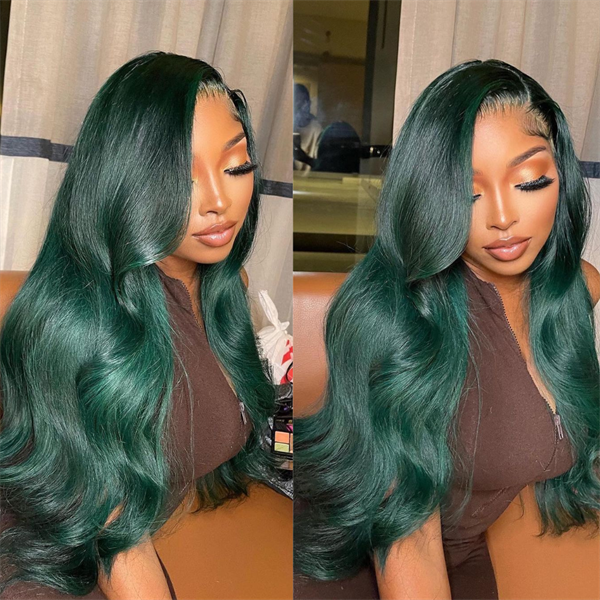 Deep Green Body Wave Lace Front Wig With Pre-plucked Edges