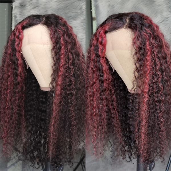 1B/99J Burgundy Highlight Water Wave Lace Front Wig With Pre-plucked Edges