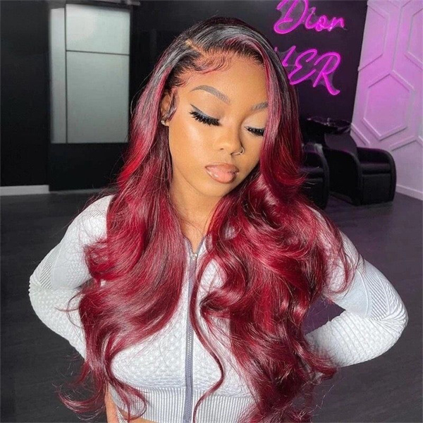 Black Root Burgundy #99J Straight Lace Front Wig With Pre-plucked Edges