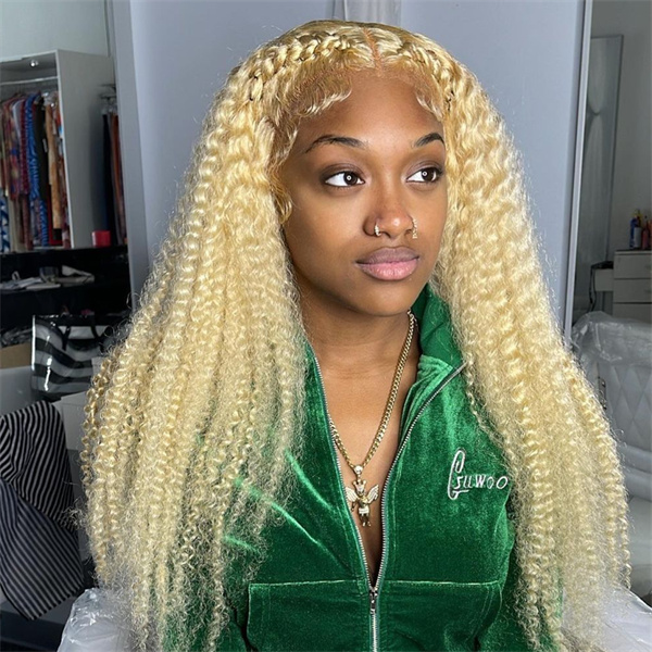 #613 Blonde kinky Curly Lace Front Wig with Pre-plucked Edges